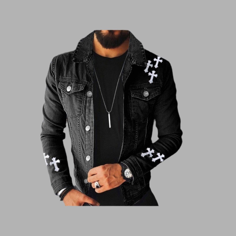 Cross Patchwork Black Denim Jackets For Men