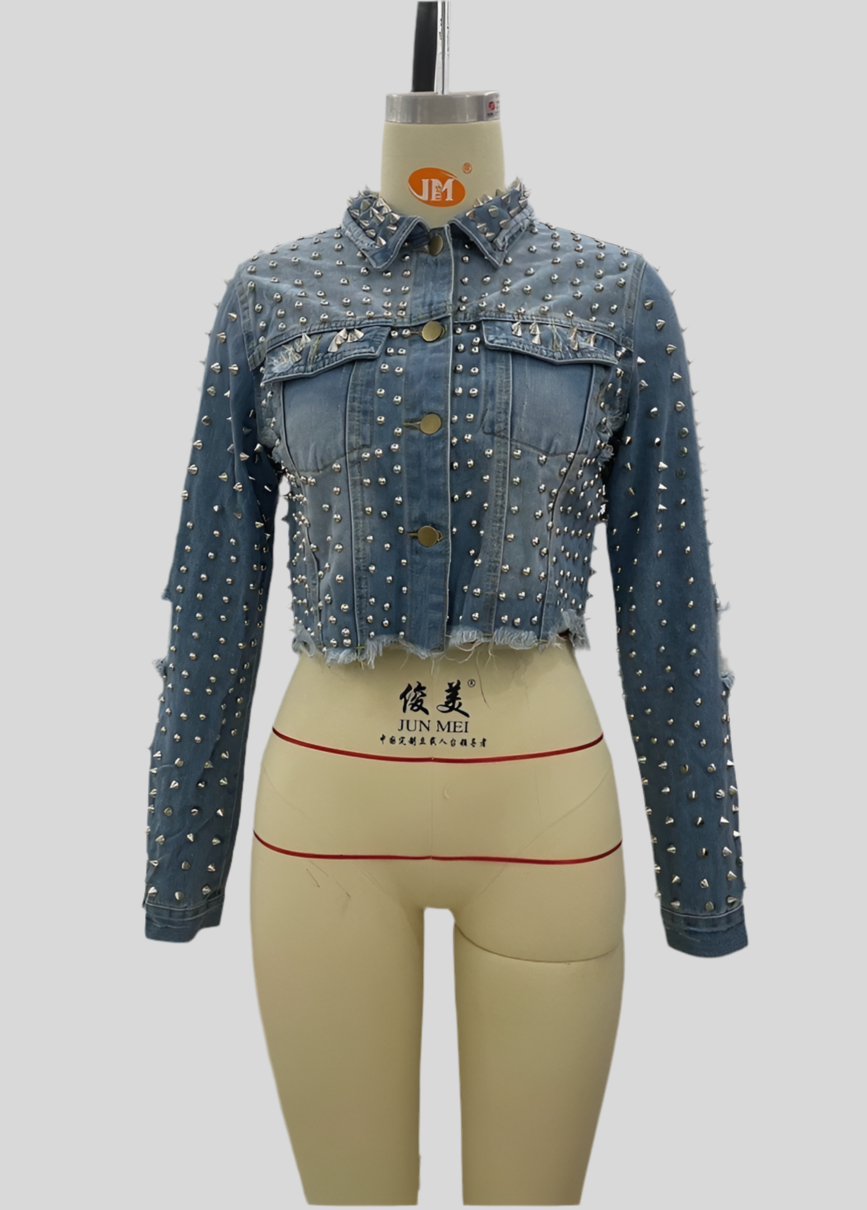 Rivets Sleeve Cropped Denim Jackets 4 Women
