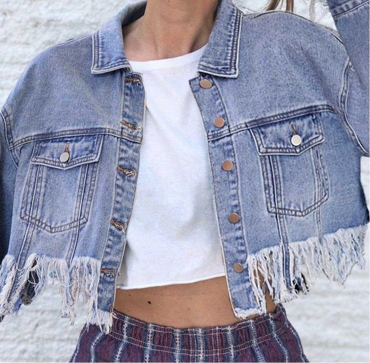 Fashion Loose Pure Color Tassels Denim Jacket