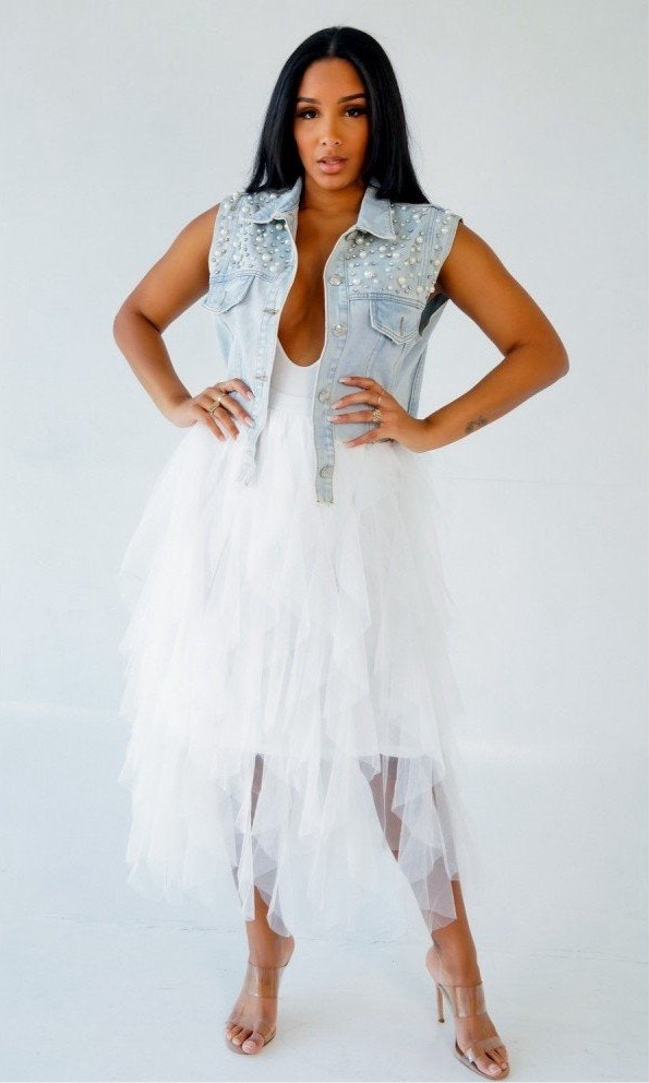 Pearls Rhinestone Sleeveless Denim Jackets For Women