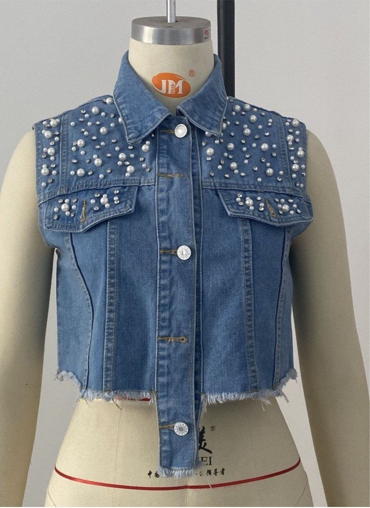 Pearls Rhinestone Sleeveless Denim Jackets For Women