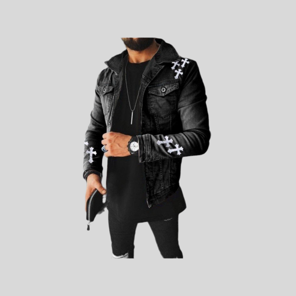 Cross Patchwork Black Denim Jackets For Men