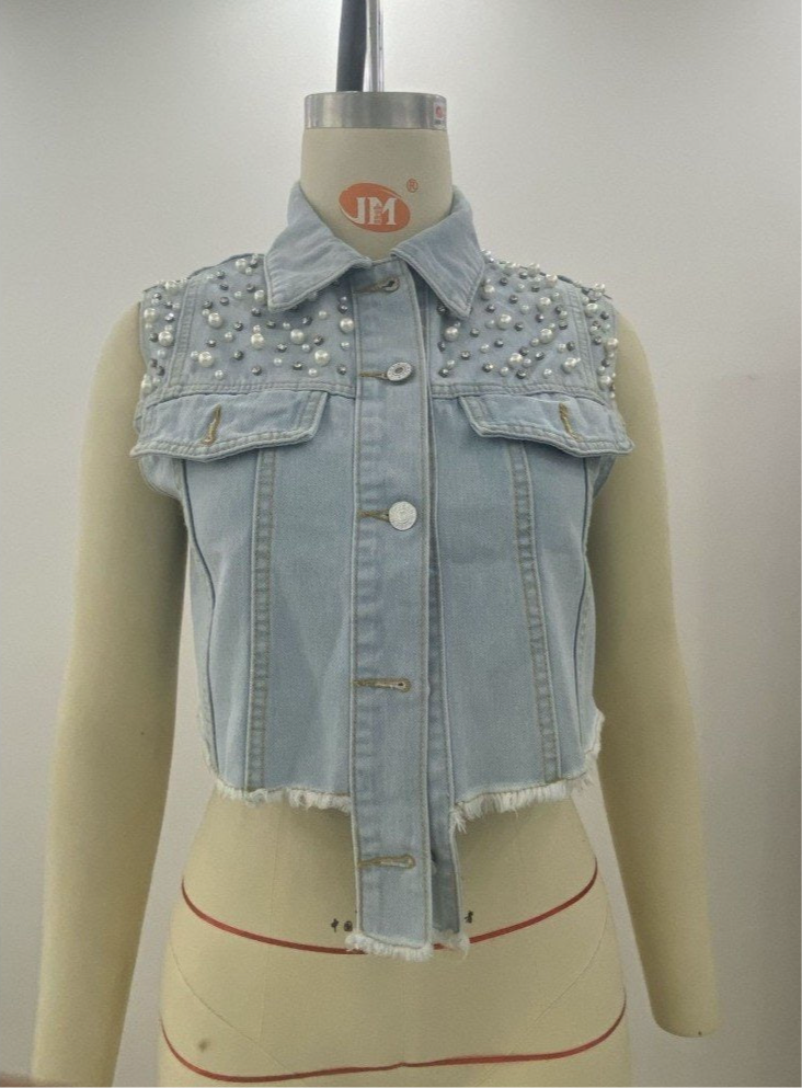Pearls Rhinestone Sleeveless Denim Jackets For Women