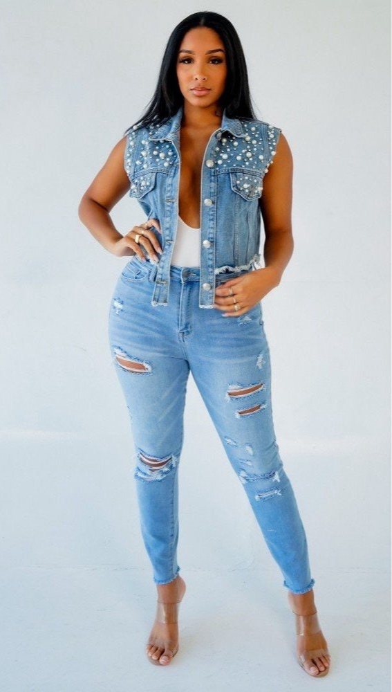 Pearls Rhinestone Sleeveless Denim Jackets For Women