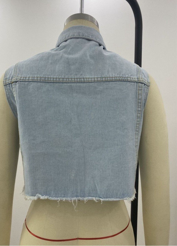 Pearls Rhinestone Sleeveless Denim Jackets For Women