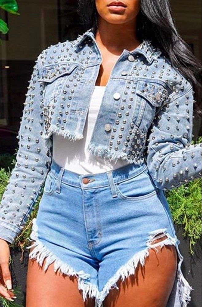 Rivets Sleeve Cropped Denim Jackets 4 Women