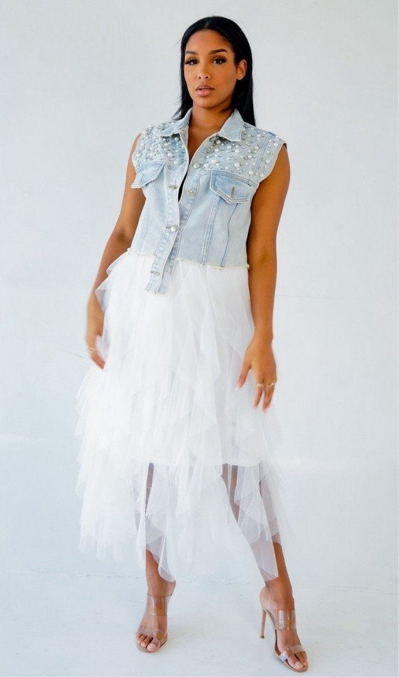 Pearls Rhinestone Sleeveless Denim Jackets For Women