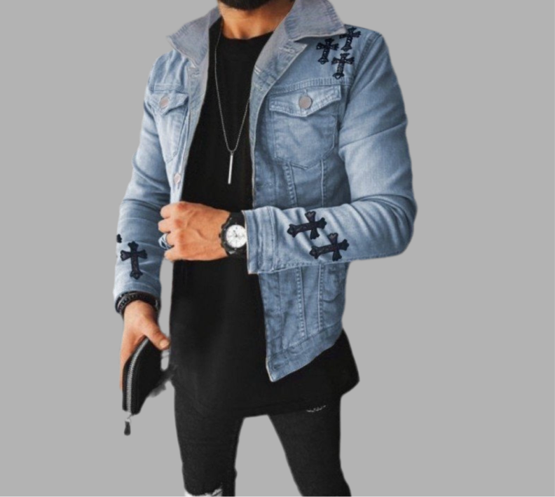 Cross Patchwork Black Denim Jackets For Men