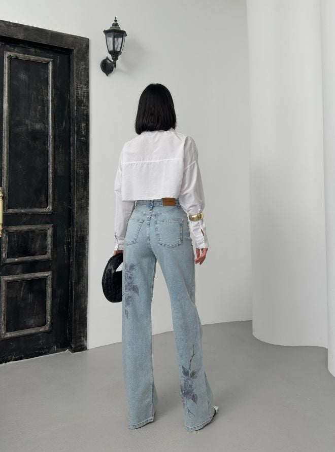 Women's High Waist Loose Fit Light Blue Tint Rose Print Detailed Jeans Pants