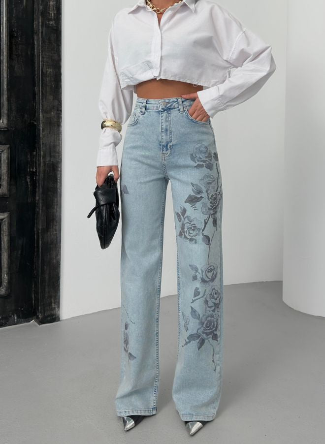Women's High Waist Loose Fit Light Blue Tint Rose Print Detailed Jeans Pants