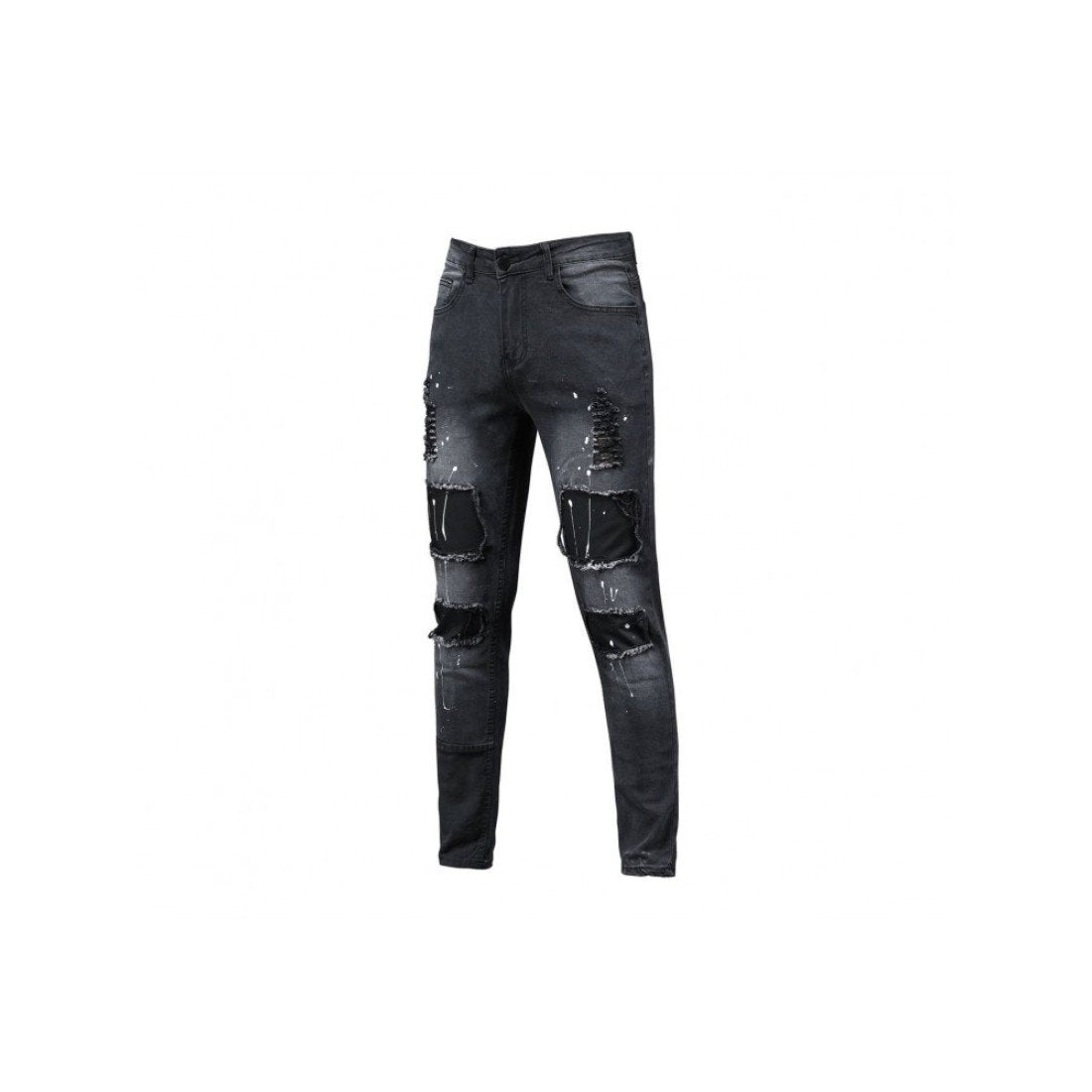 Patchwork Ripped Black Pencil Jeans For Men