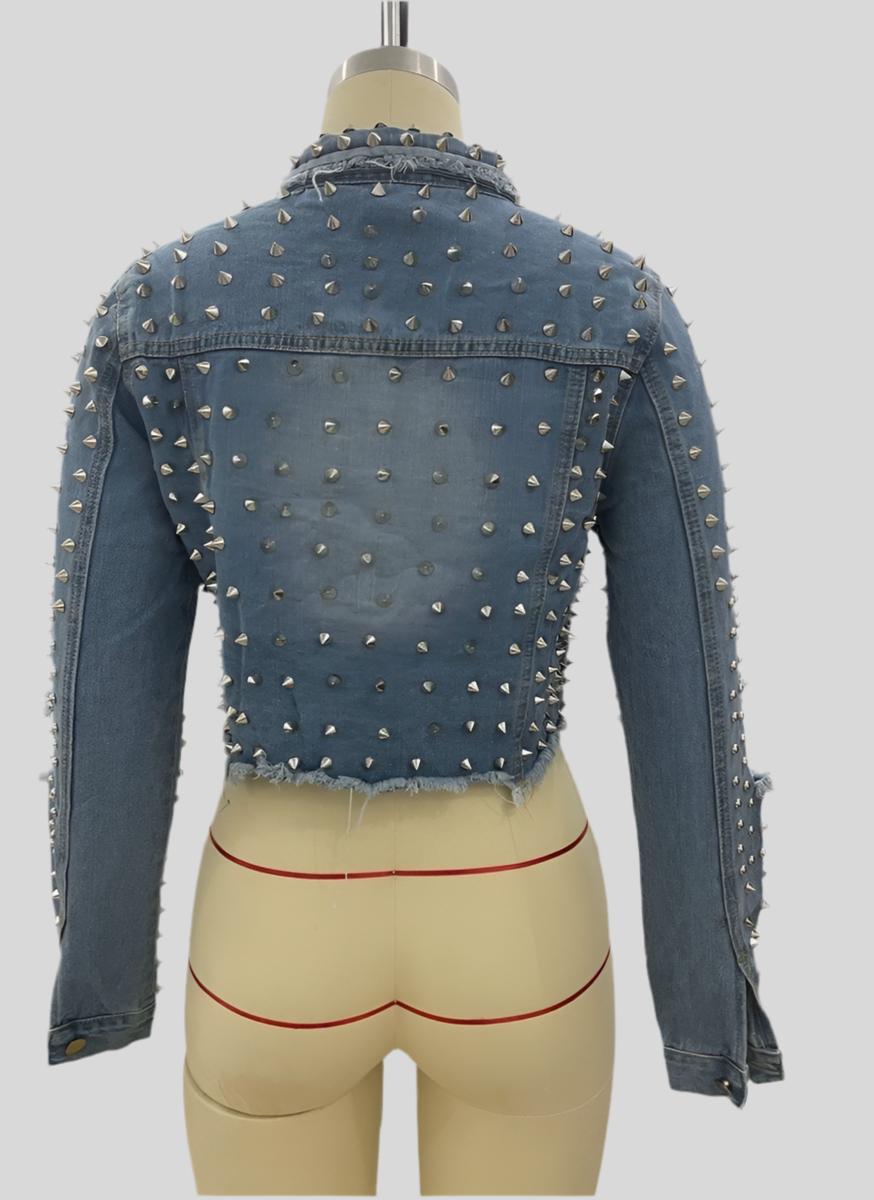 Rivets Sleeve Cropped Denim Jackets 4 Women