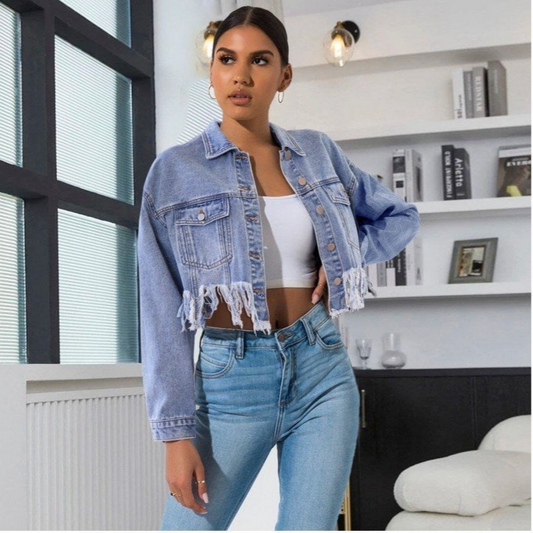 Fashion Loose Pure Color Tassels Denim Jacket