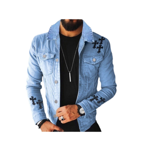 Cross Patchwork Black Denim Jackets For Men