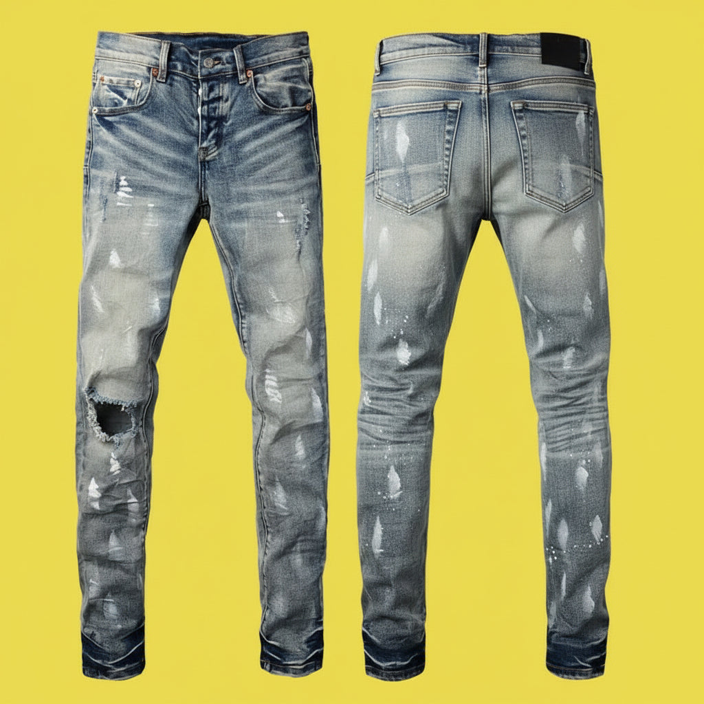 Quality Ripped Vintage Slim Jeans Blue Men Pants Distressed Denim Jeans