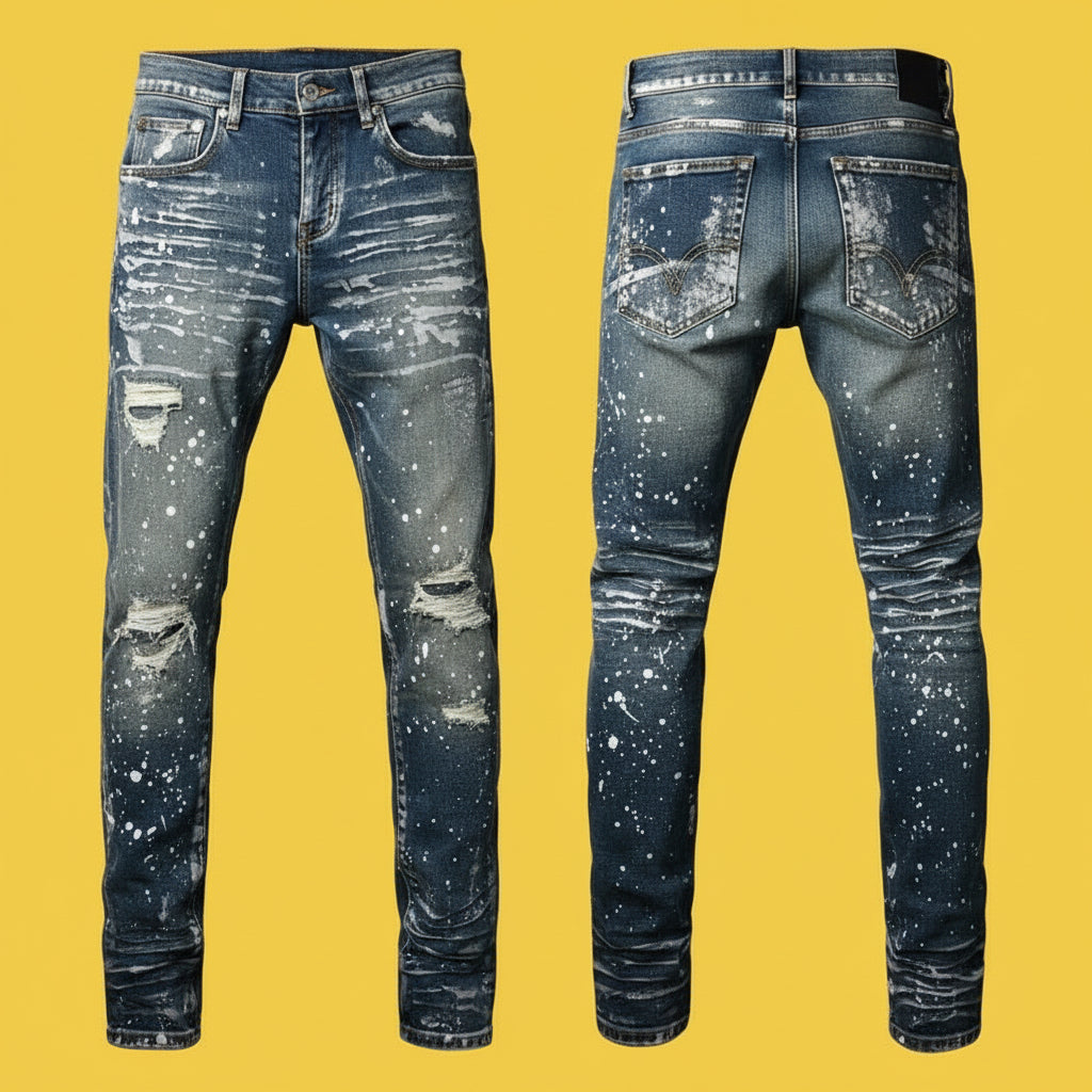 Quality Ripped Vintage Slim Jeans Blue Men Pants Distressed Denim Jeans