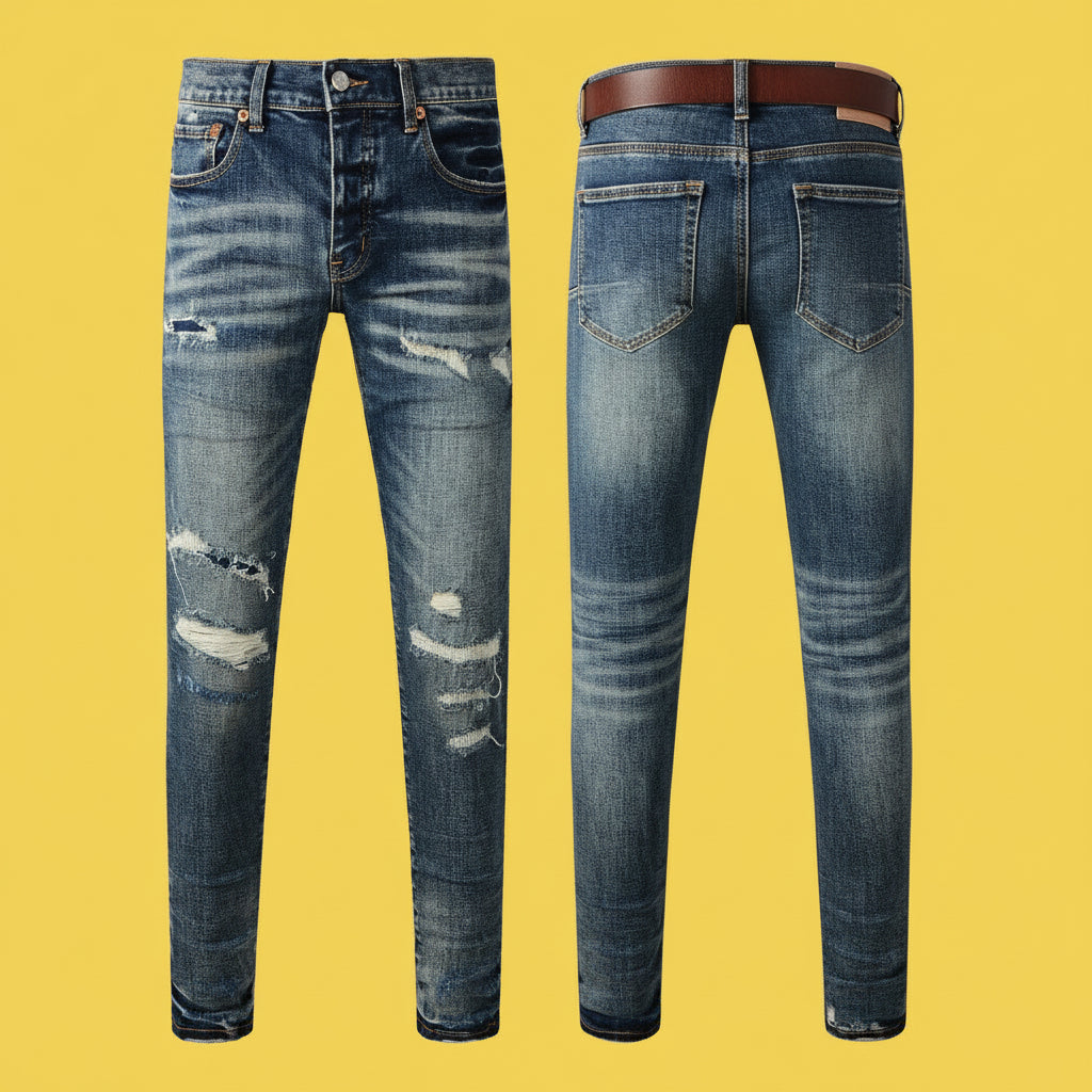 Quality Ripped Vintage Slim Jeans Blue Men Pants Distressed Denim Jeans