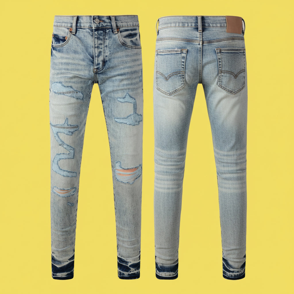 Quality Ripped Vintage Slim Jeans Blue Men Pants Distressed Denim Jeans