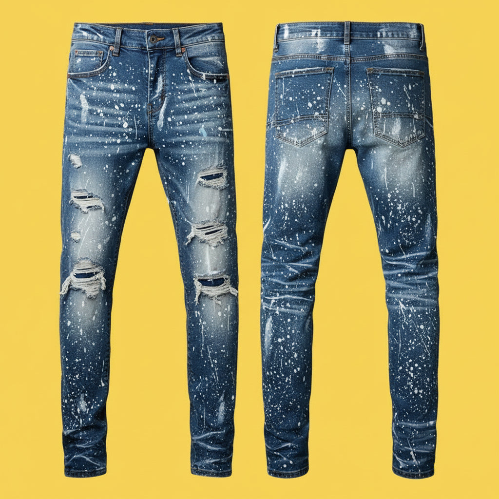 Quality Ripped Vintage Slim Jeans Blue Men Pants Distressed Denim Jeans