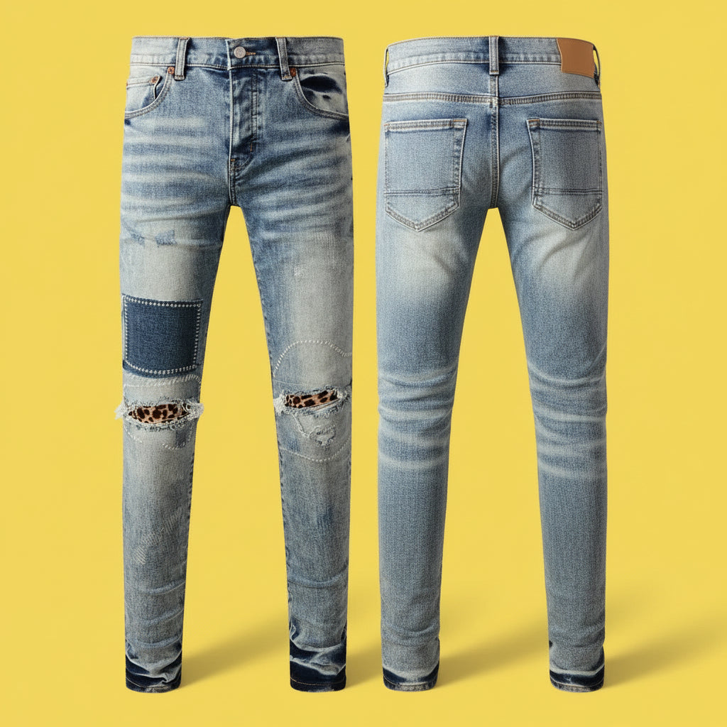 Quality Ripped Vintage Slim Jeans Blue Men Pants Distressed Denim Jeans