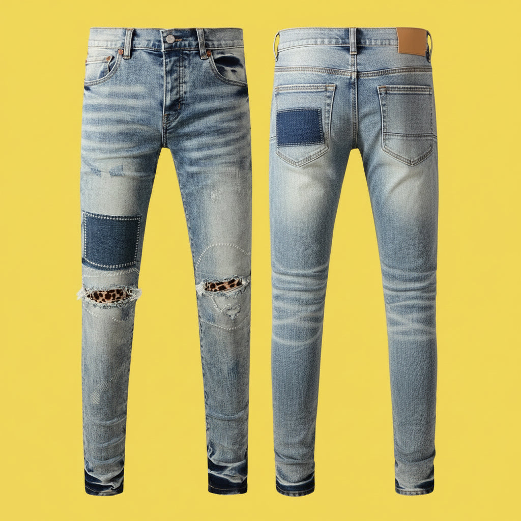 Quality Ripped Vintage Slim Jeans Blue Men Pants Distressed Denim Jeans