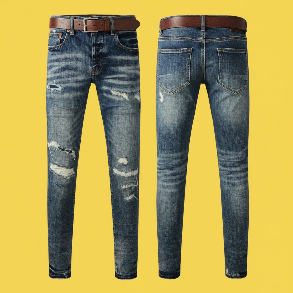 Quality Ripped Vintage Slim Jeans Blue Men Pants Distressed Denim Jeans
