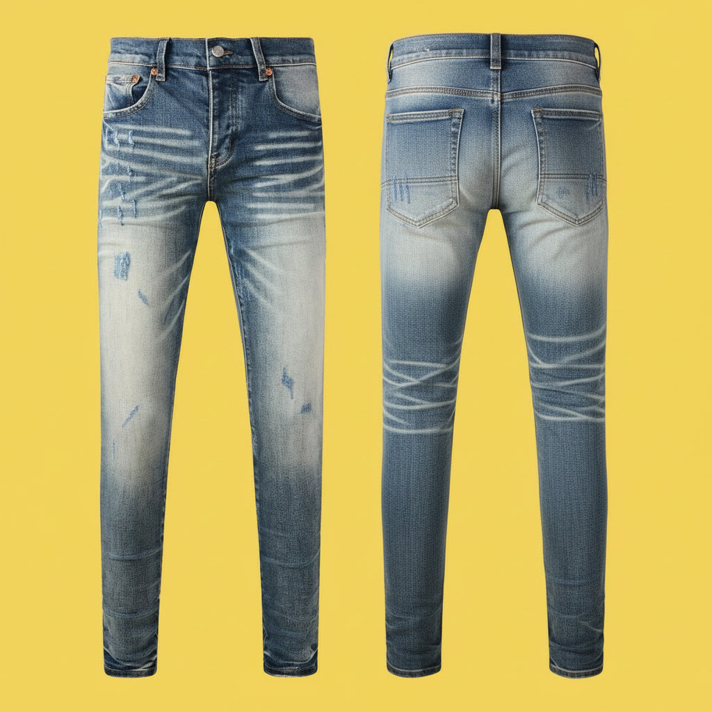 Quality Ripped Vintage Slim Jeans Blue Men Pants Distressed Denim Jeans