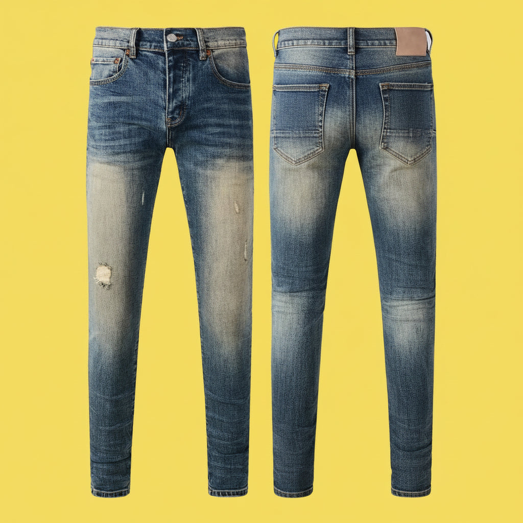 Quality Ripped Vintage Slim Jeans Blue Men Pants Distressed Denim Jeans