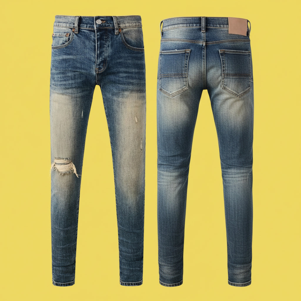Quality Ripped Vintage Slim Jeans Blue Men Pants Distressed Denim Jeans