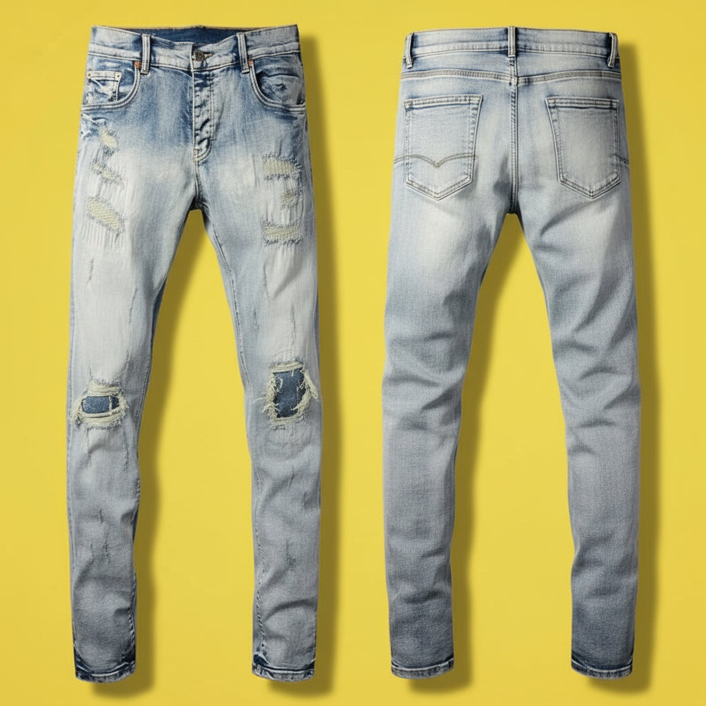 Quality Ripped Vintage Slim Jeans Blue Men Pants Distressed Denim Jeans