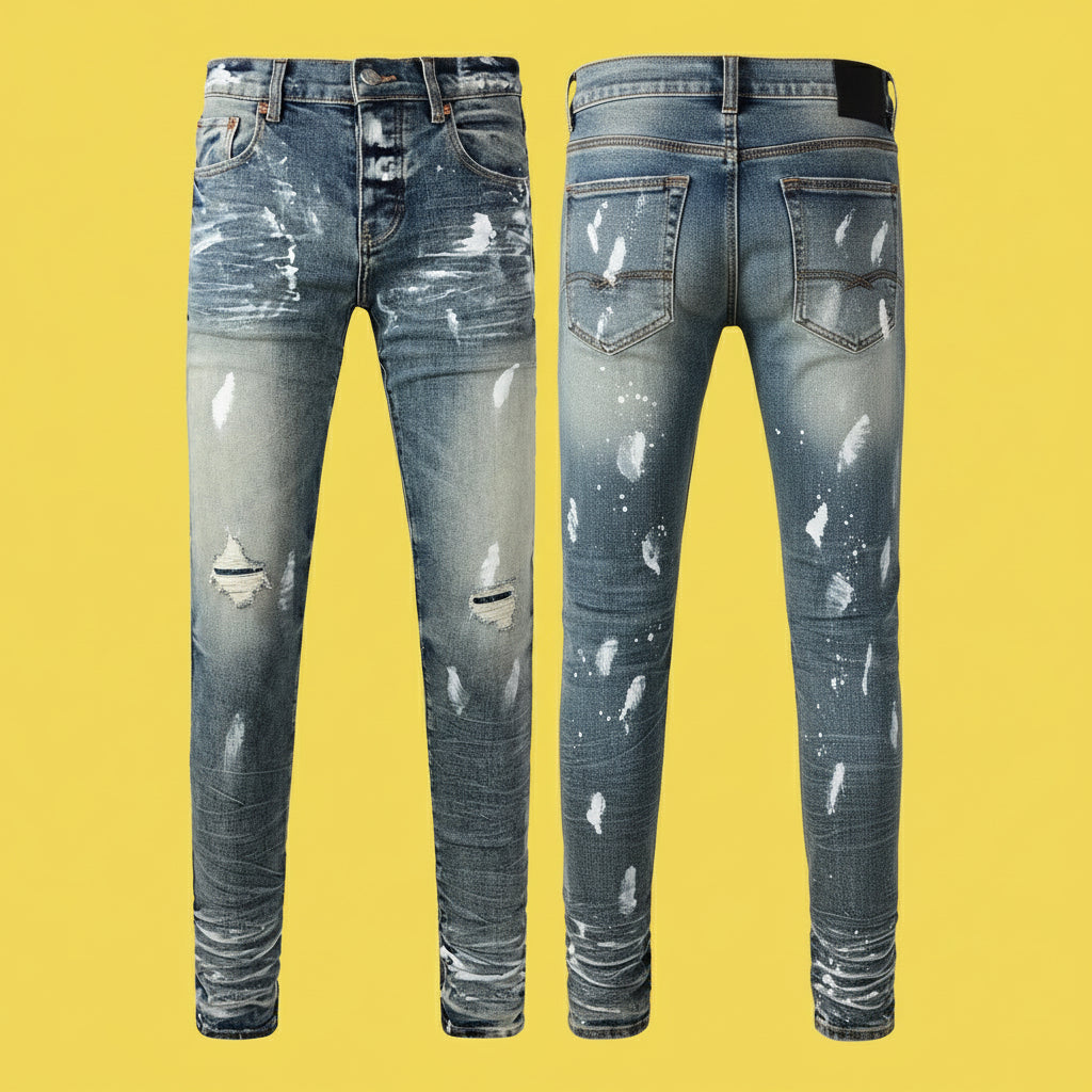 Quality Ripped Vintage Slim Jeans Blue Men Pants Distressed Denim Jeans
