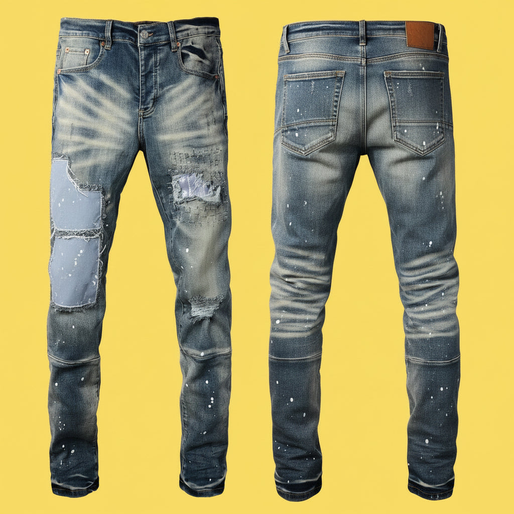Quality Ripped Vintage Slim Jeans Blue Men Pants Distressed Denim Jeans