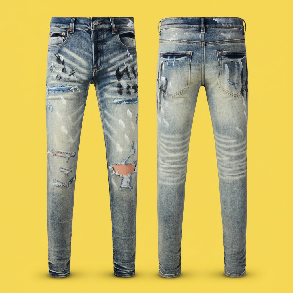 Quality Ripped Vintage Slim Jeans Blue Men Pants Distressed Denim Jeans