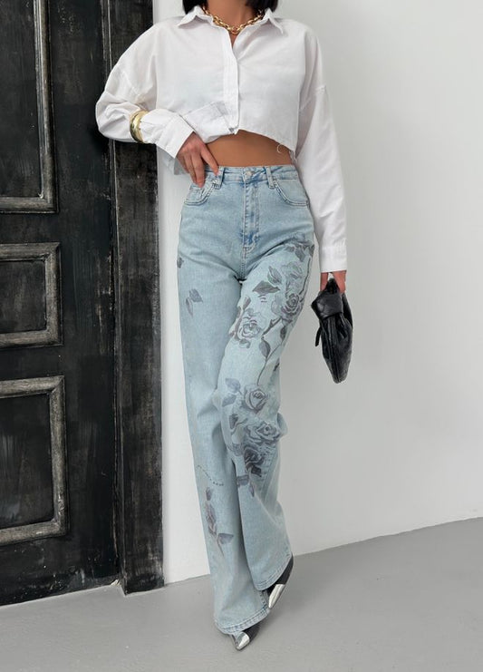 Women's High Waist Loose Fit Light Blue Tint Rose Print Detailed Jeans Pants
