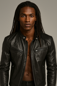 Leather Black Stand Collar Men Jackets