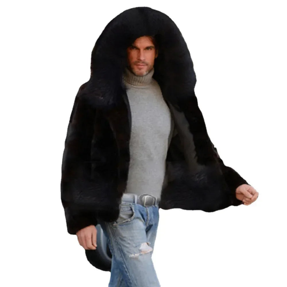 Men's Faux Fox Fur Coat Autumn Winter Men Fashion Long Sleeve Warm Hooded Faux Fur Black Casual Men Jackets Cardigan Coat