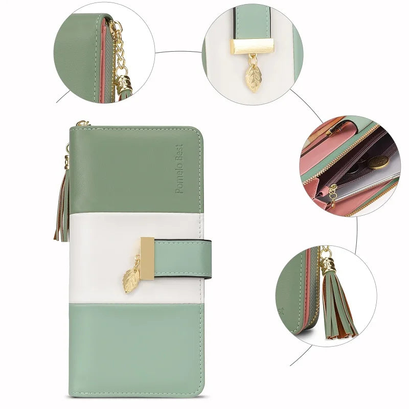 Women Pomelo RFID Genuine Leather arge Capacity ZipTravel Purse Wristlet