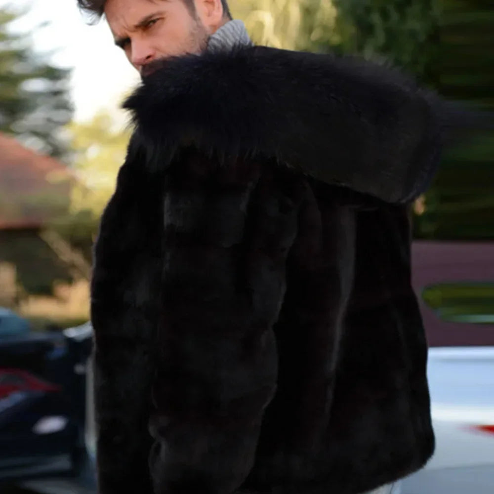 Men's Faux Fox Fur Coat Autumn Winter Men Fashion Long Sleeve Warm Hooded Faux Fur Black Casual Men Jackets Cardigan Coat