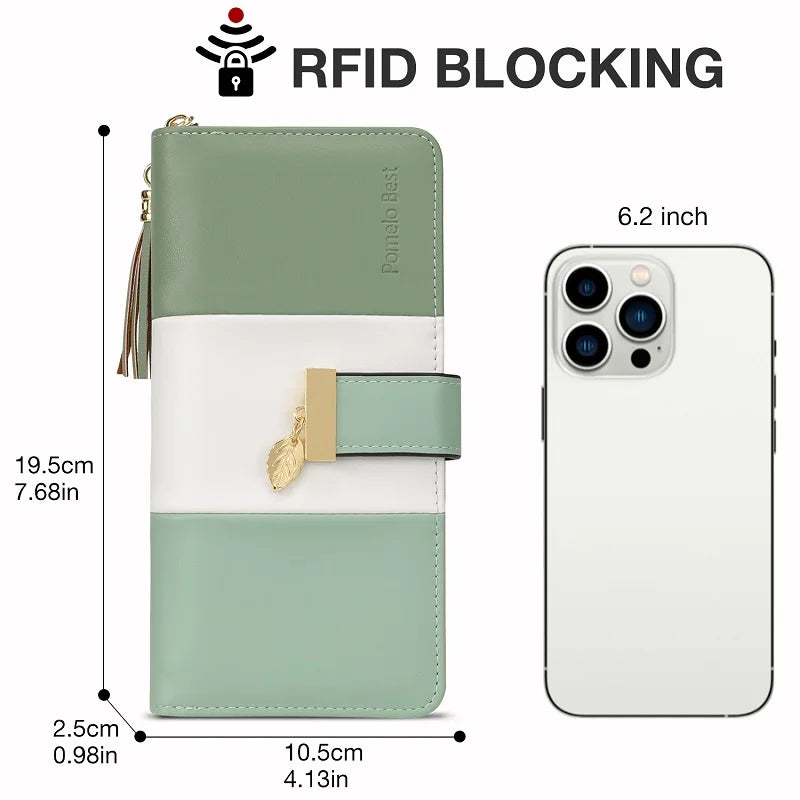 Women Pomelo RFID Genuine Leather arge Capacity ZipTravel Purse Wristlet