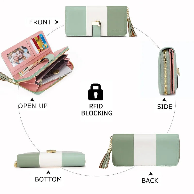 Women Pomelo RFID Genuine Leather arge Capacity ZipTravel Purse Wristlet