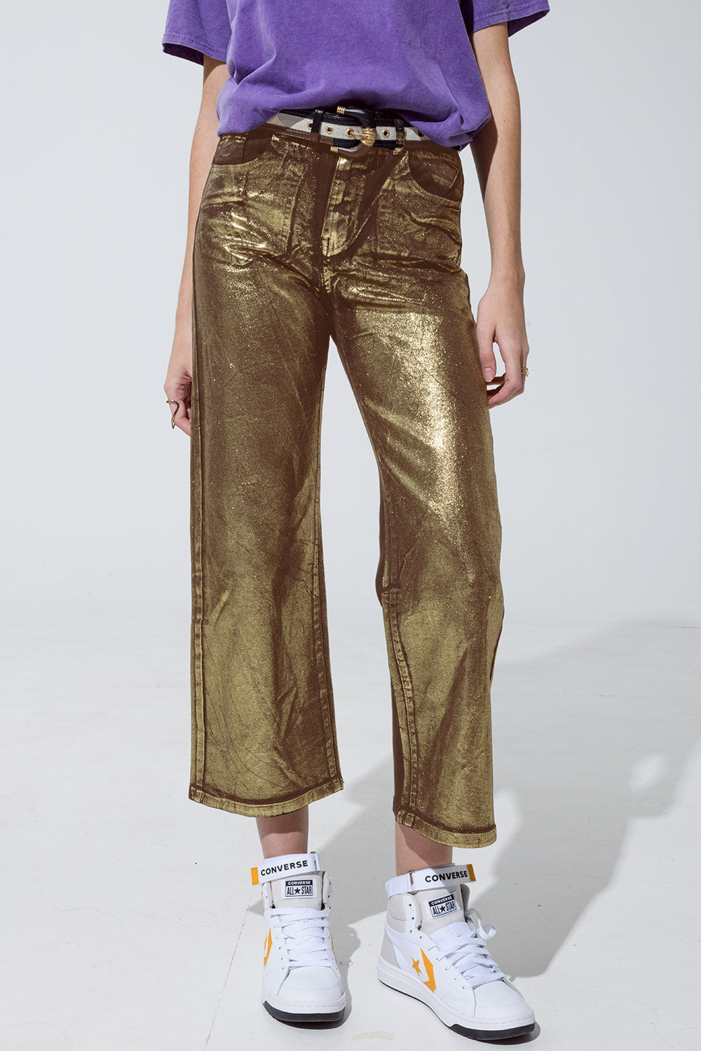 Brown Straight Leg Jeans With Gold Metallic Glow