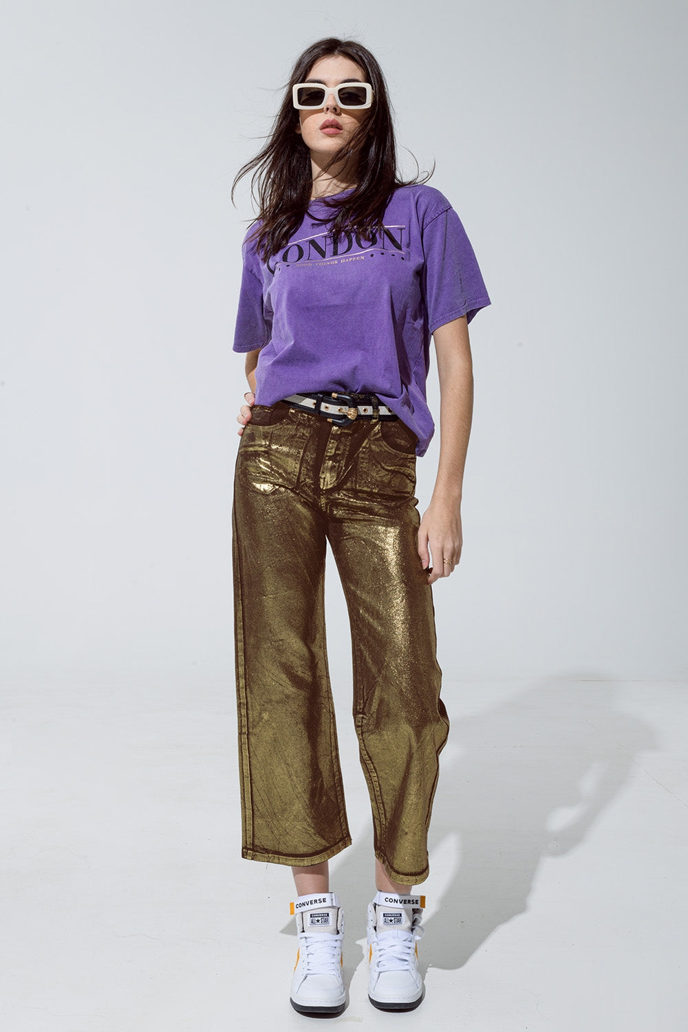Brown Straight Leg Jeans With Gold Metallic Glow