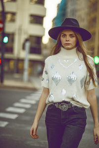 Cream Short Sleeve Sweater With Sequin Embellishment