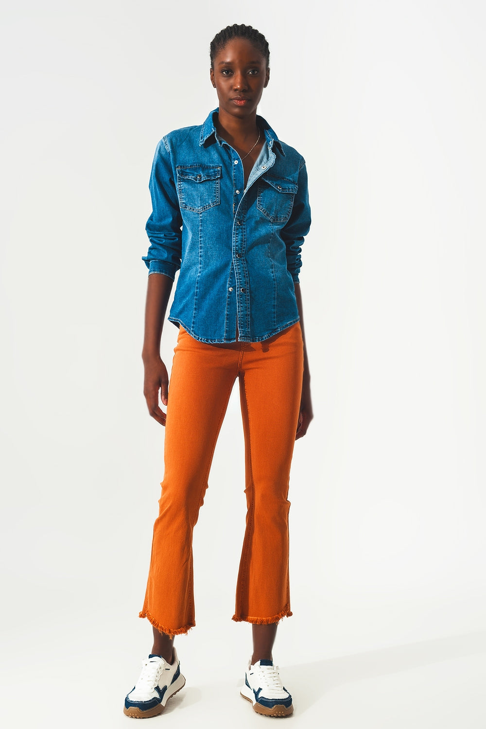 Flare Jeans With Raw Hem Edge in Orange