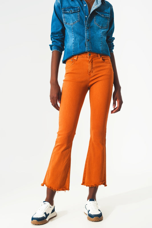 Flare Jeans With Raw Hem Edge in Orange
