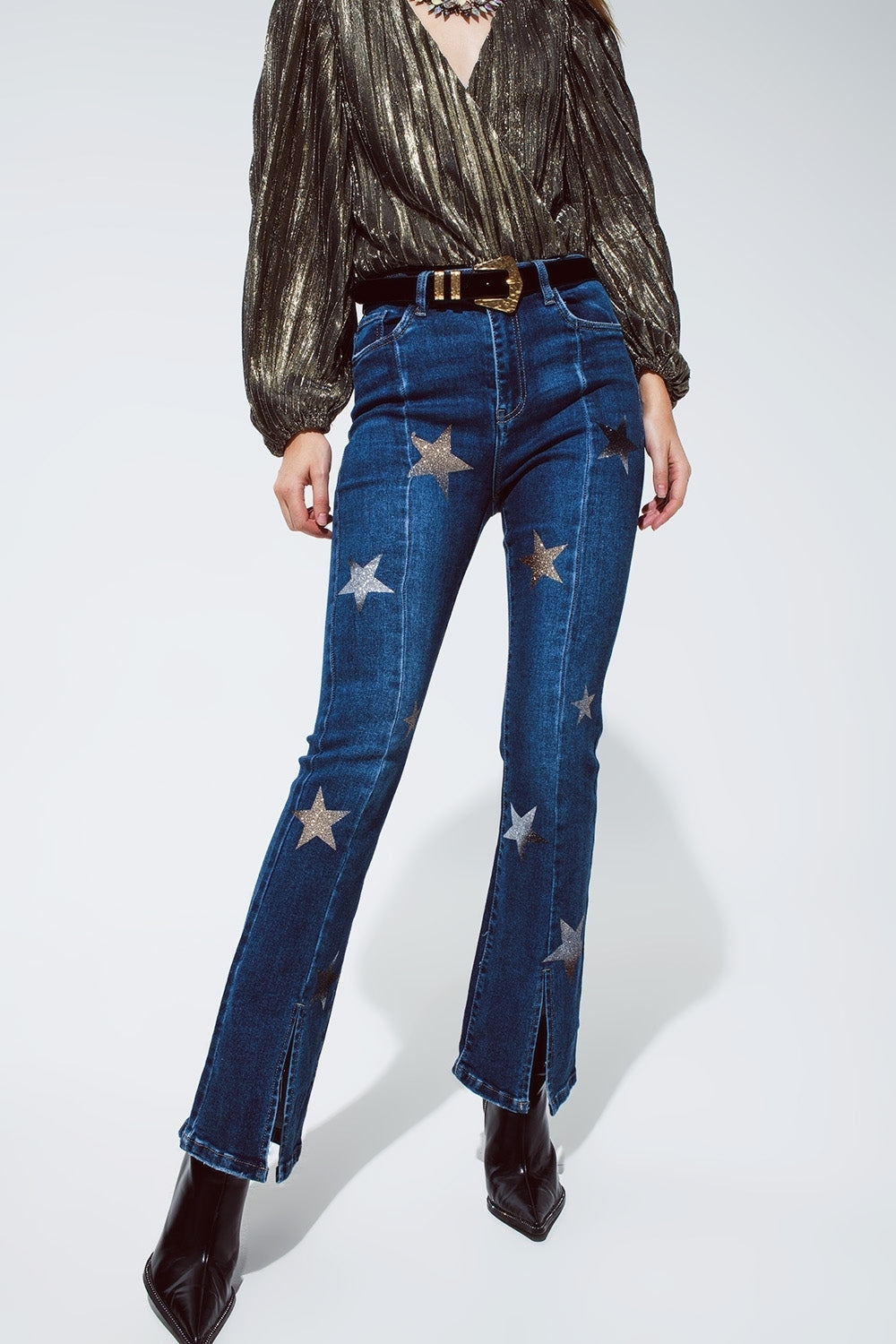 Flared Women Jeans With Shiny Stars Detail in Blue