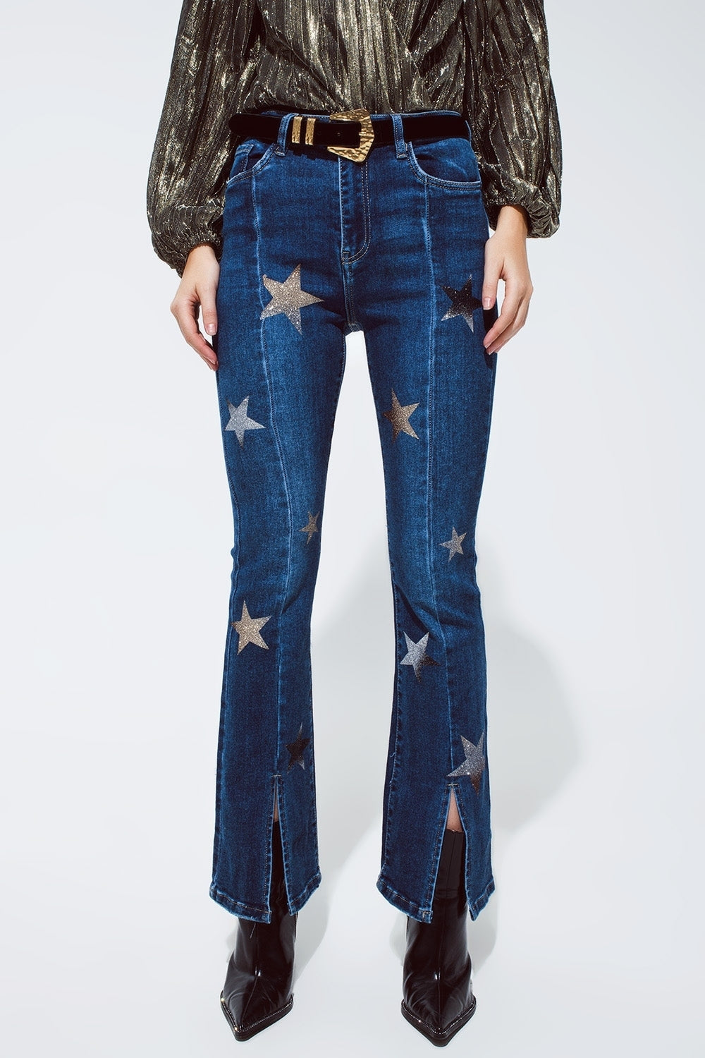 Flared Women Jeans With Shiny Stars Detail in Blue