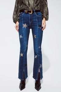 Flared Women Jeans With Shiny Stars Detail in Blue