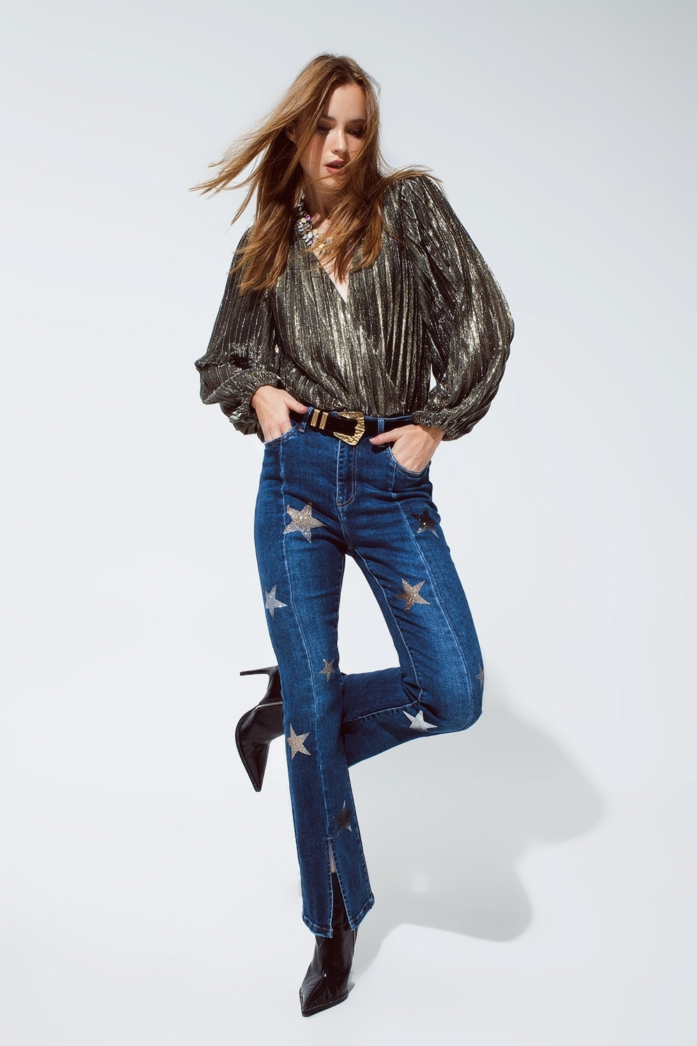 Flared Women Jeans With Shiny Stars Detail in Blue