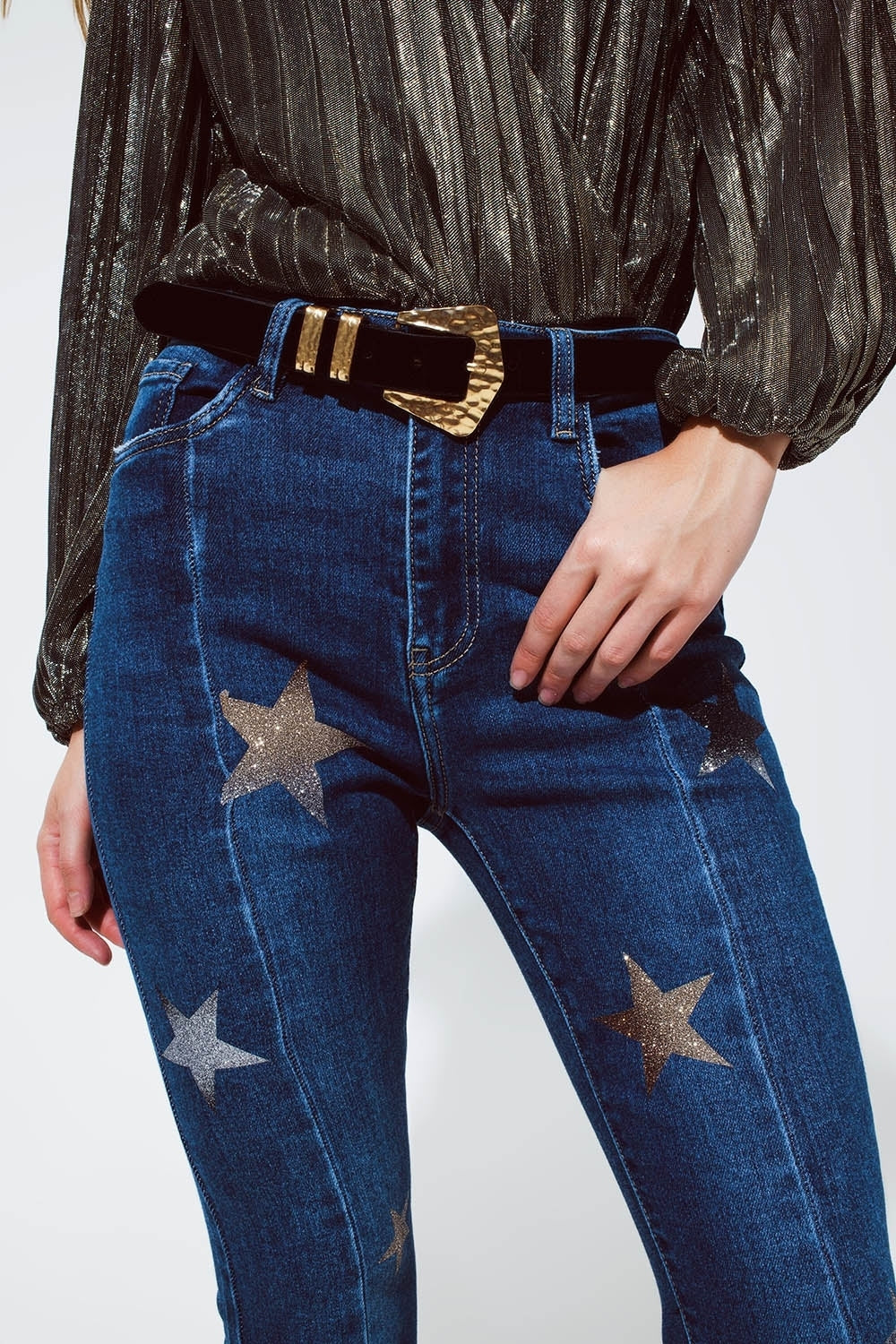 Flared Women Jeans With Shiny Stars Detail in Blue